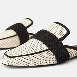🌿 Zara Black & Beige Striped Mule, Size  40 ~ EUC